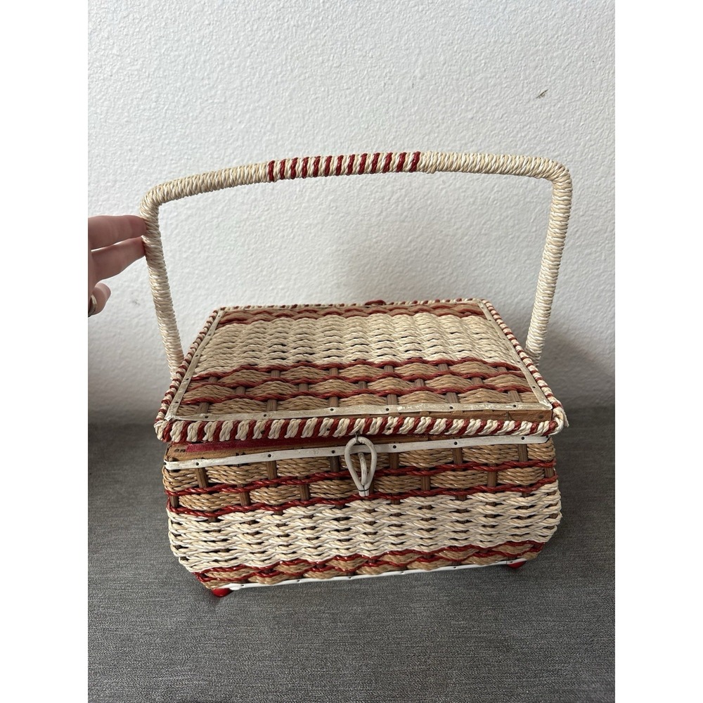 Vintage German Wicker Sewing Basket With Red Satin Lining W/ Sewing‎ Accessories